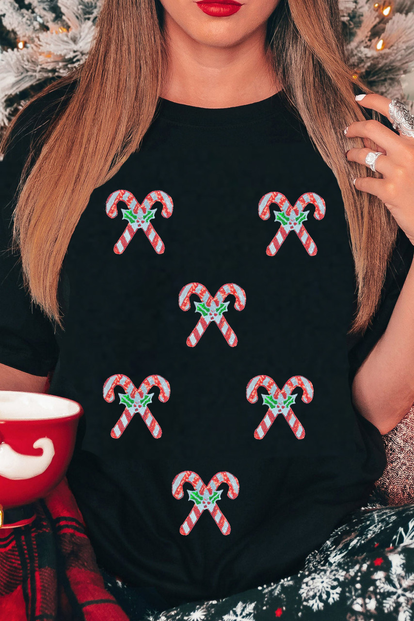 Black Holly Candy Cane Christmas Sequin Graphic T Shirt