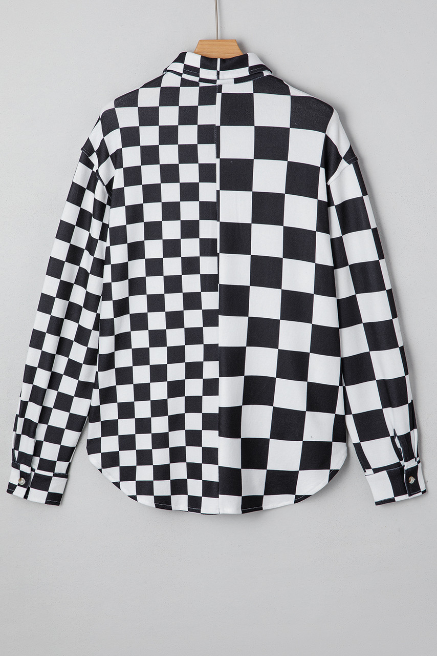 Black Checkerboard Flap Pocket Button Front Shacket