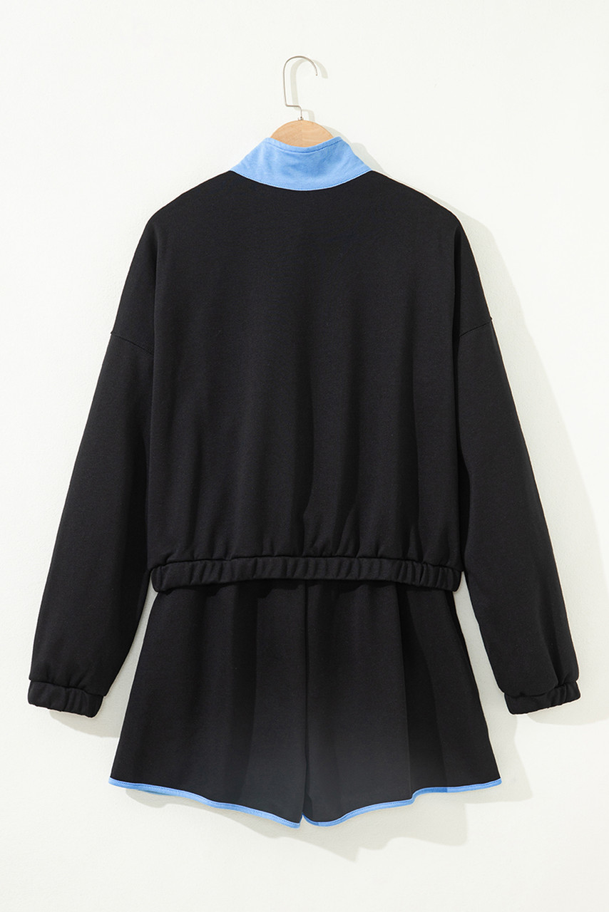 Black Color Block Patchwork Half Button Pullover and Shorts 2pcs Outfit