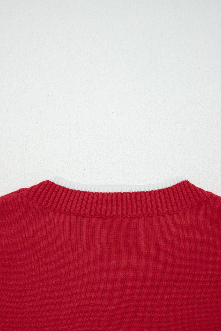 Fiery Red Contrast Trim Big Bow Accent Holiday Cropped Sweater