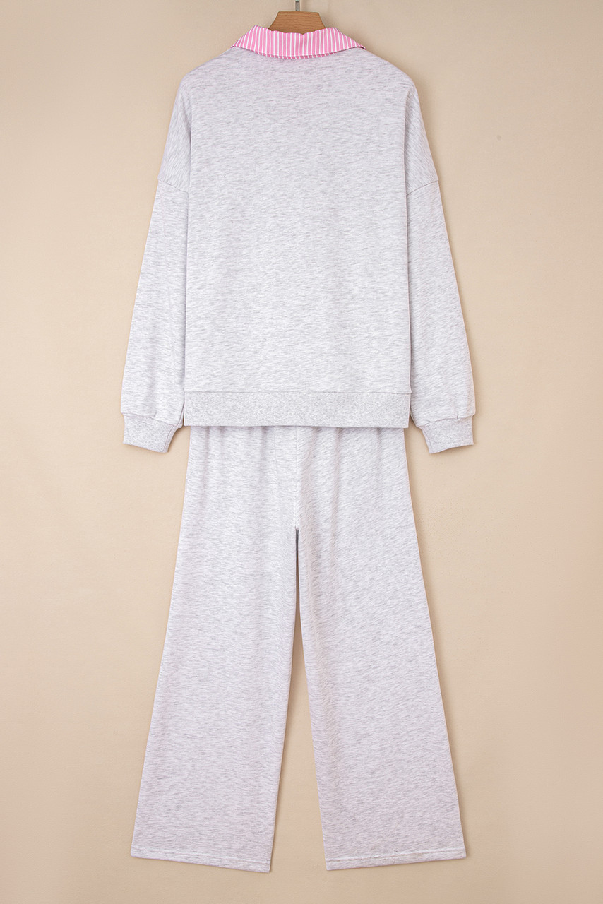Light Grey 2pcs Contrasted Trim Frilled Collar Drop Shoulder Pullover Drawstring Pant Set