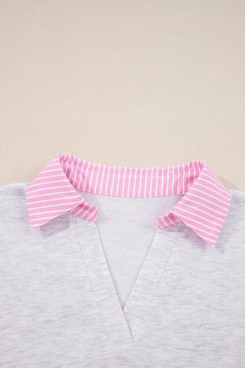 Light Grey 2pcs Contrasted Trim Frilled Collar Drop Shoulder Pullover Drawstring Pant Set