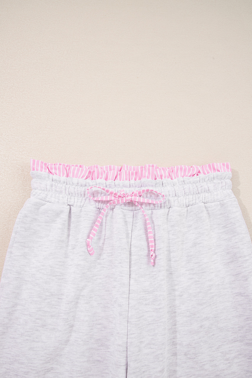 Light Grey 2pcs Contrasted Trim Frilled Collar Drop Shoulder Pullover Drawstring Pant Set