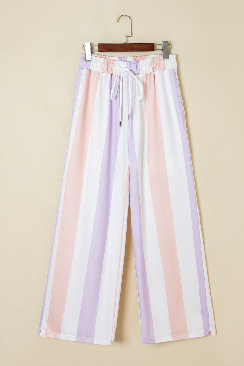 Purple Stripe Multicolored Print Drawstring Loose Pants with Side Pockets