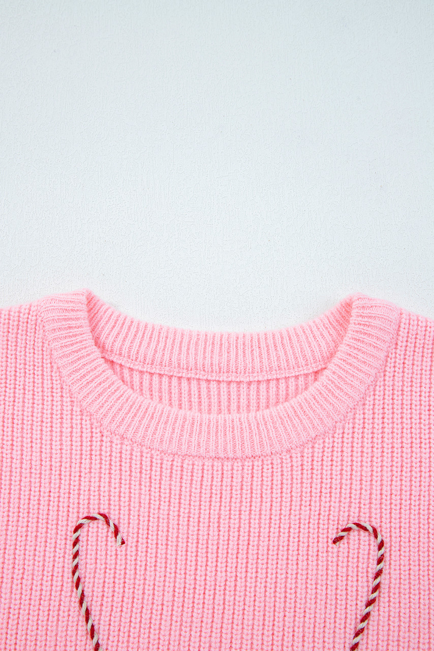 Pink Merry Candy Cane Puffy Knit Crew Neck Sweater
