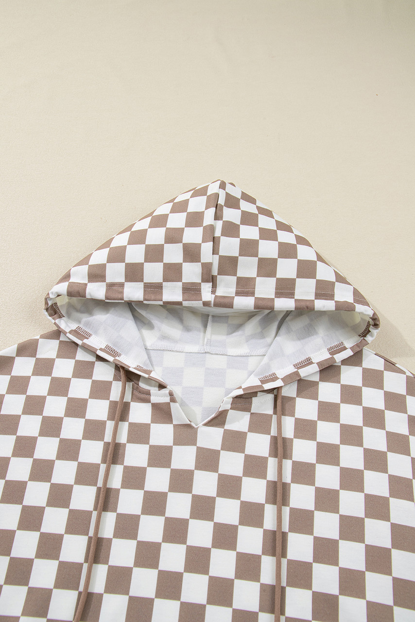 Khaki Double Checkered Patchwork Tie Neck Oversize Hoodie