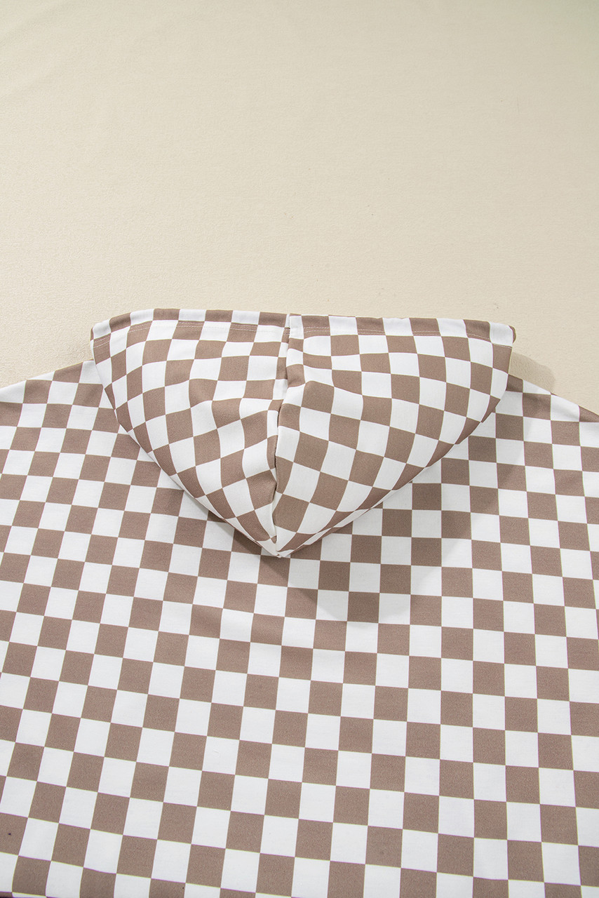 Khaki Double Checkered Patchwork Tie Neck Oversize Hoodie