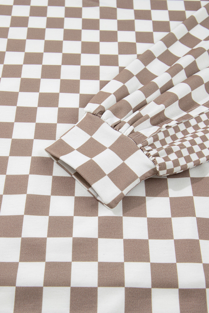 Khaki Double Checkered Patchwork Tie Neck Oversize Hoodie