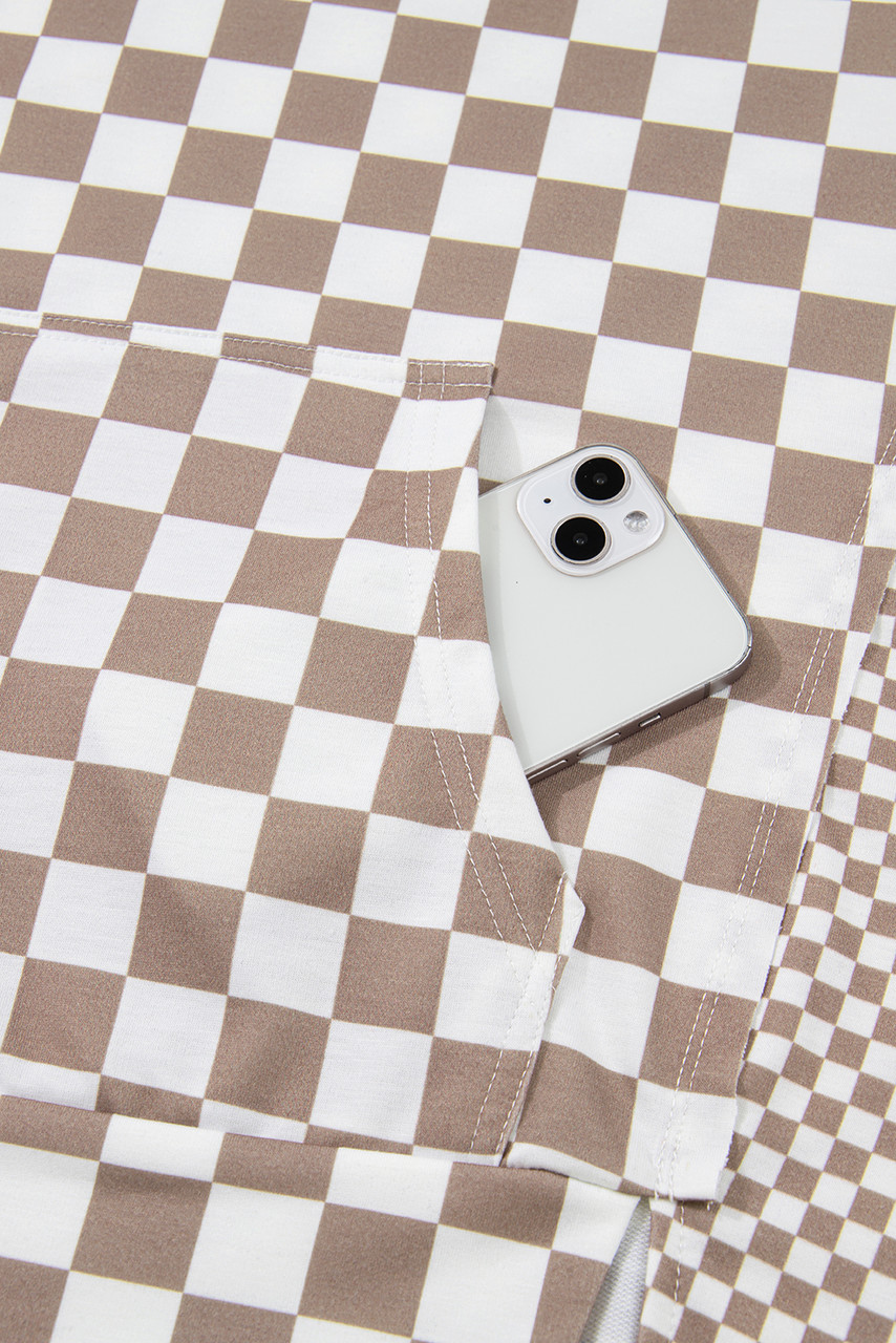 Khaki Double Checkered Patchwork Tie Neck Oversize Hoodie