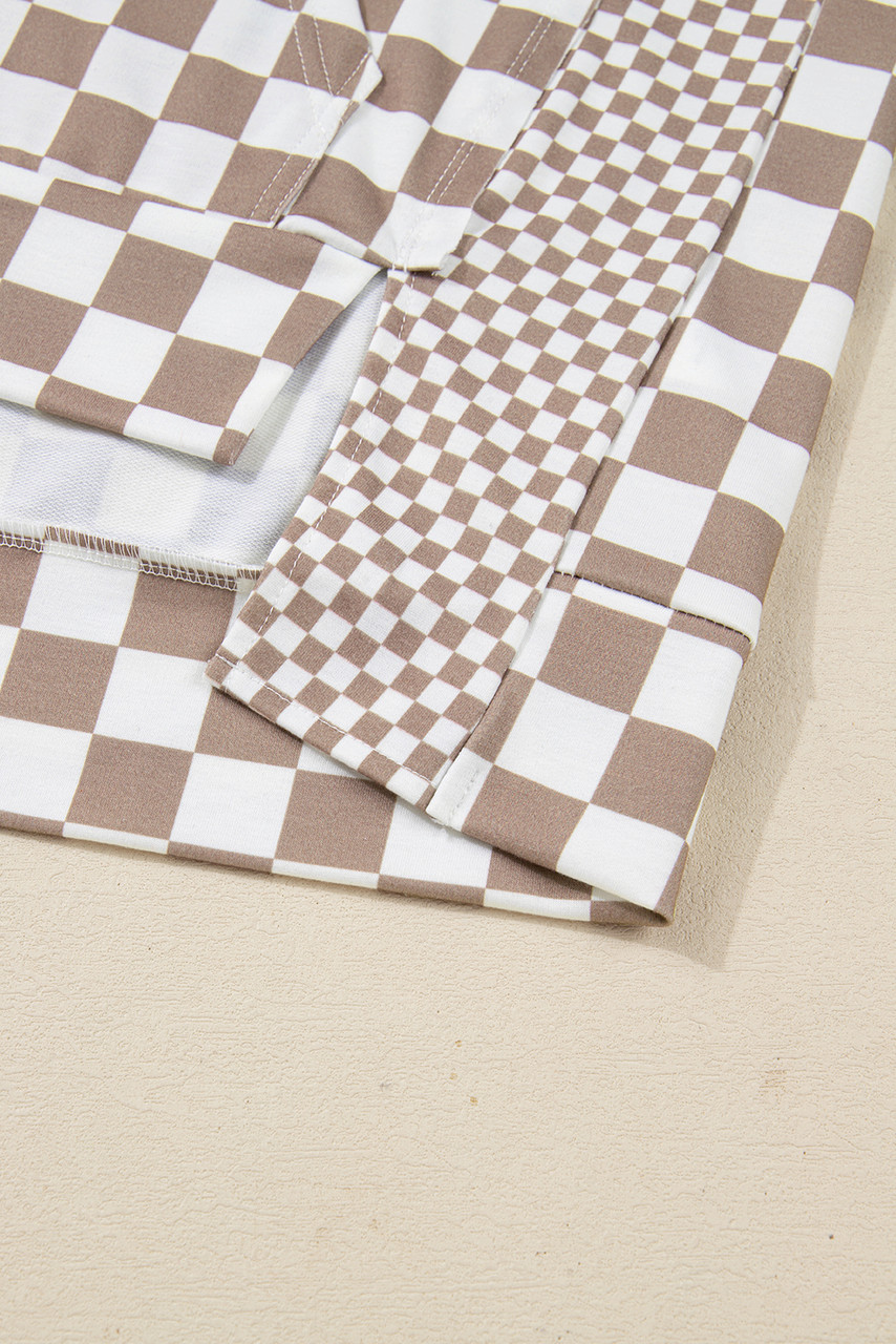 Khaki Double Checkered Patchwork Tie Neck Oversize Hoodie