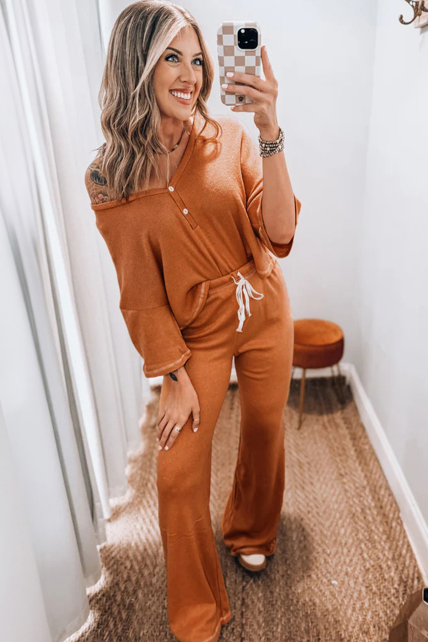 Grapefruit Orange Contrast Stitching Buttoned V Neck Half Sleeve Top and Drawstring Flare Pants Set Grapefruit Orange Contrast Stitching Buttoned V Neck Half Sleeve Top and Drawstring Flare Pants Set