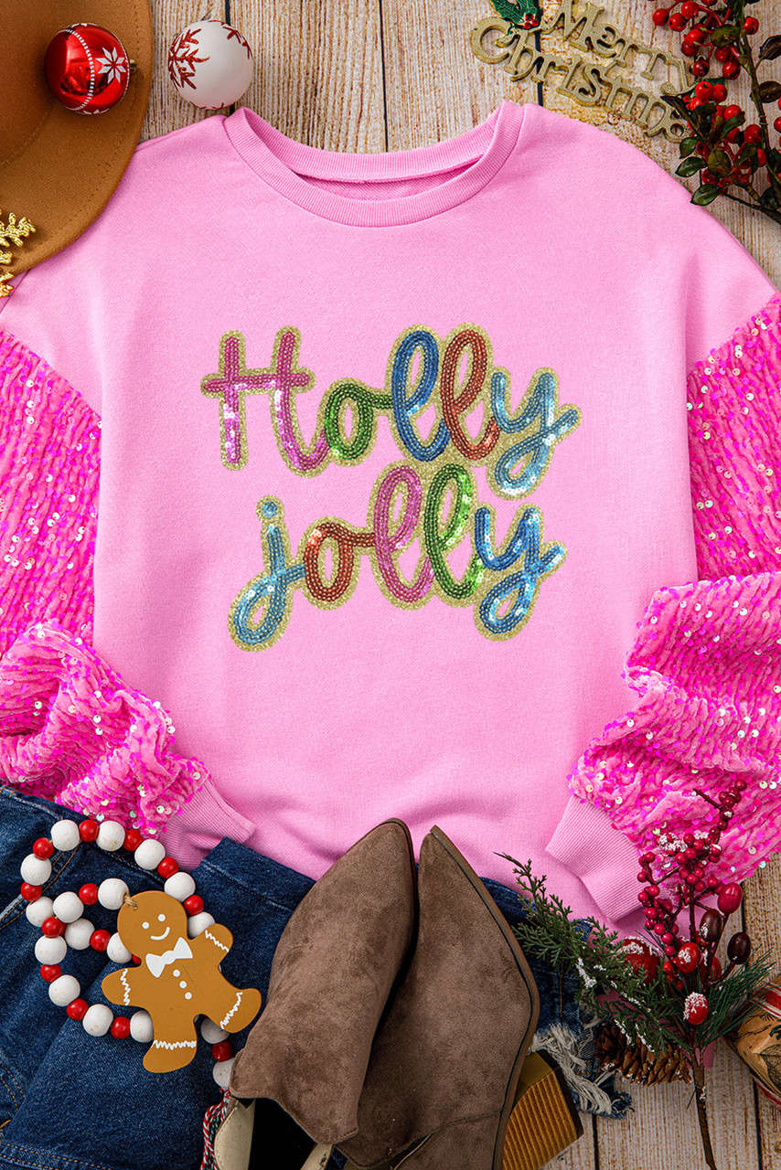 Pink Holly Jolly Sequin Letter Graphic Drop Shoulder Patchwork Long Sleeve Top