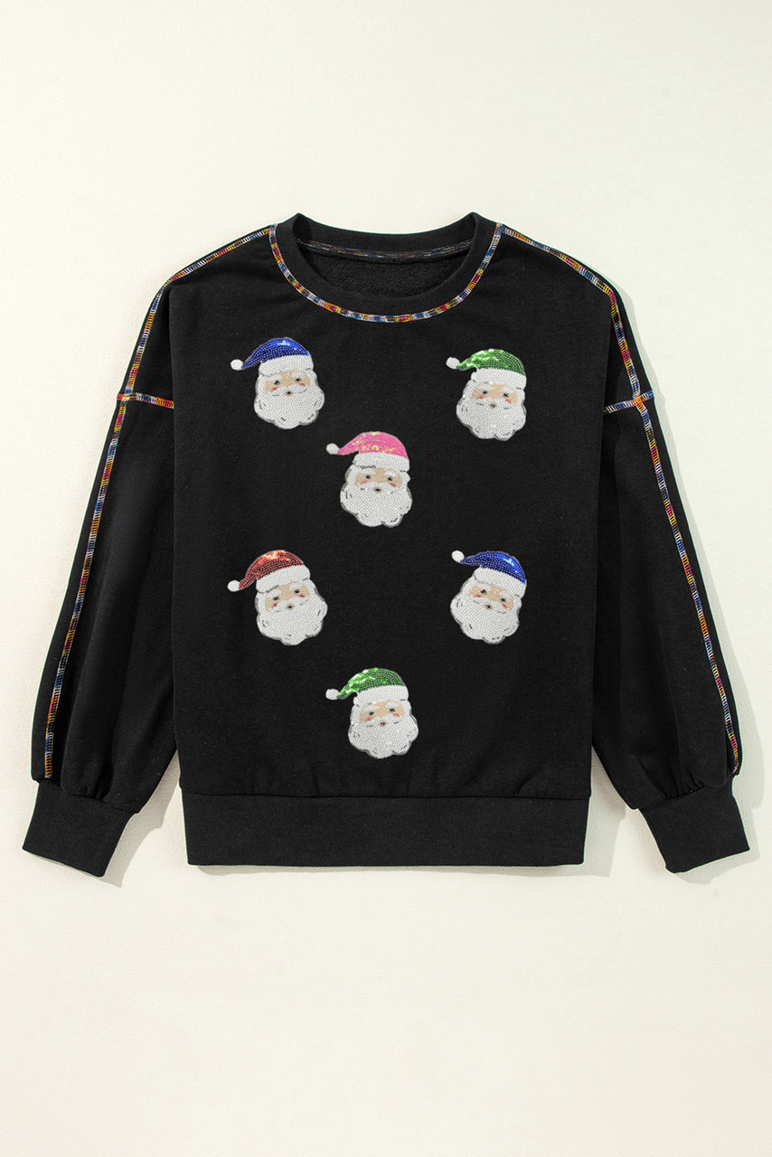 Black Colorful Stitch Trim Sequin Patched Santa Claus Baggy Sweatshirt