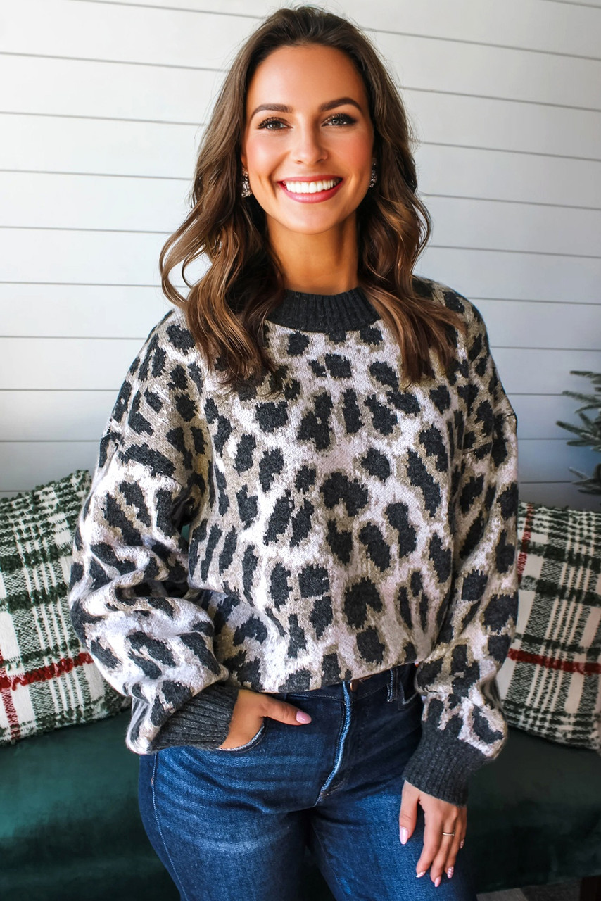 Carbon Grey Leopard Drop Shoulder Baggy Sweater