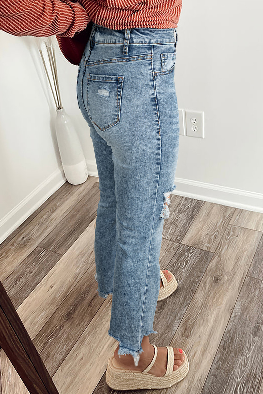 Myosotis Raw Hem Ripped Open Knee Fit Flare Jeans Myosotis Raw Hem Ripped Open Knee Fit Flare Jeans