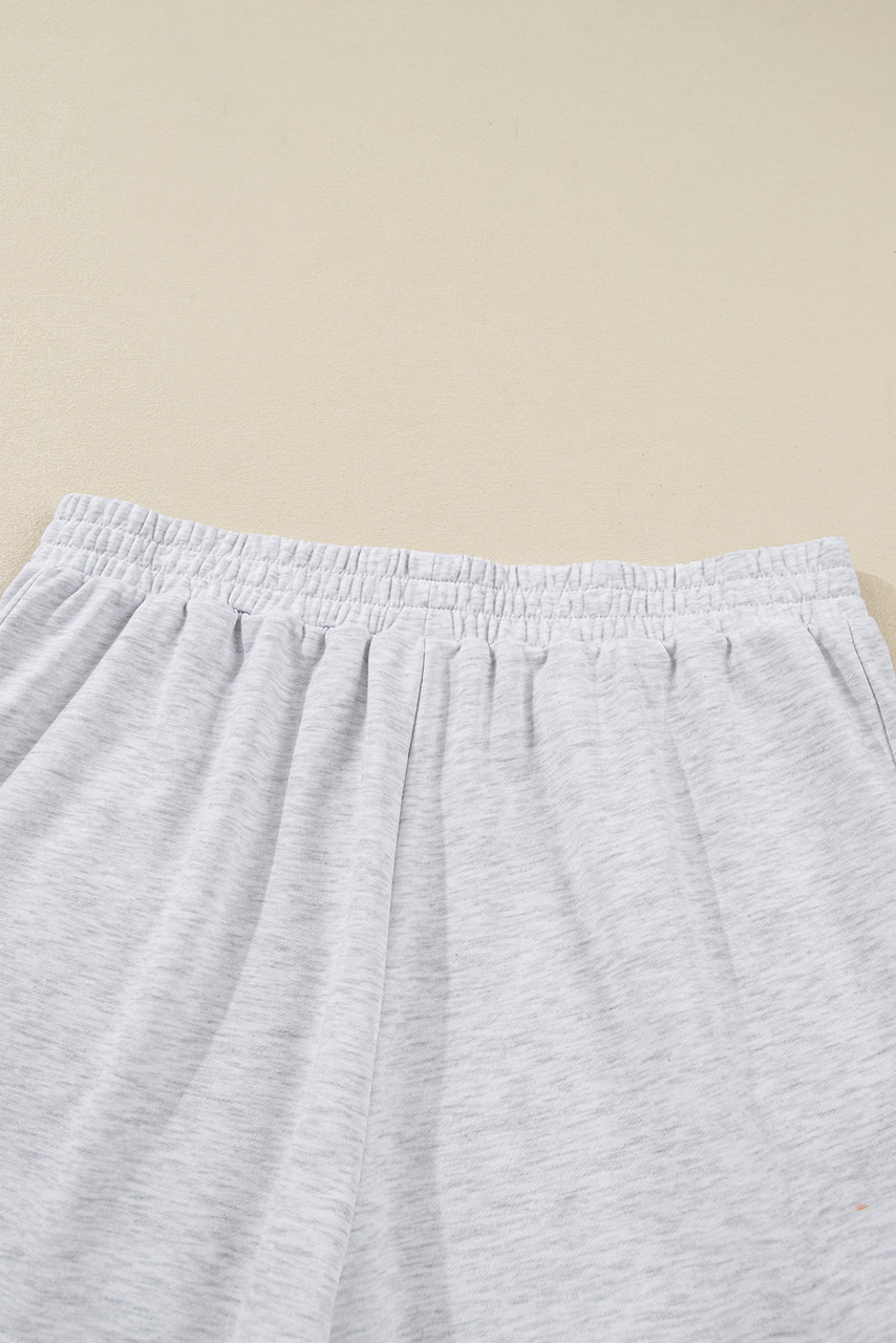 Light Grey Girly Bow Embroidered Puff Sleeve Pullover Loose Shorts Plus 2pcs Outfit