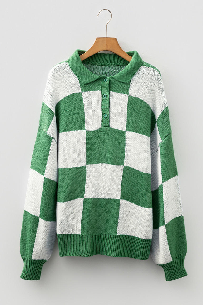 Mist Green Checkered Pattern Polo Collar Loose Sweater