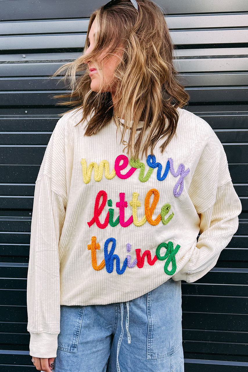 Beige merry little thing Corded Letter Graphic Ribbed Loose Sweatshirt
