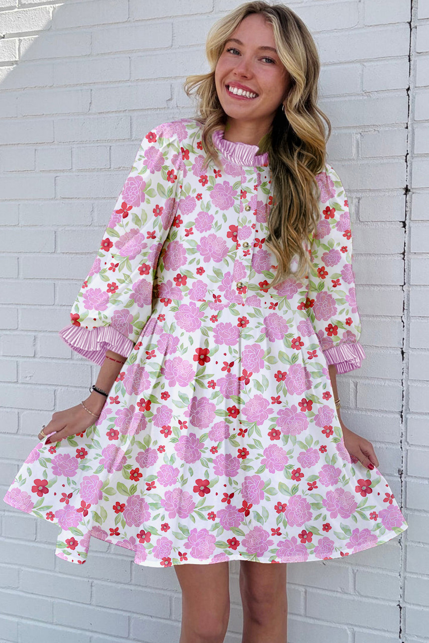 Pink Floral Print Striped Trim Frilled Neck 3/4 Sleeve Flared Mini Dress Pink Floral Print Striped Trim Frilled Neck 3/4 Sleeve Flared Mini Dress