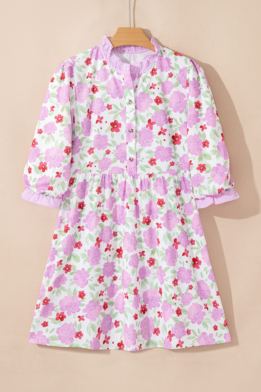 Pink Floral Print Striped Trim Frilled Neck 3/4 Sleeve Flared Mini Dress Pink Floral Print Striped Trim Frilled Neck 3/4 Sleeve Flared Mini Dress