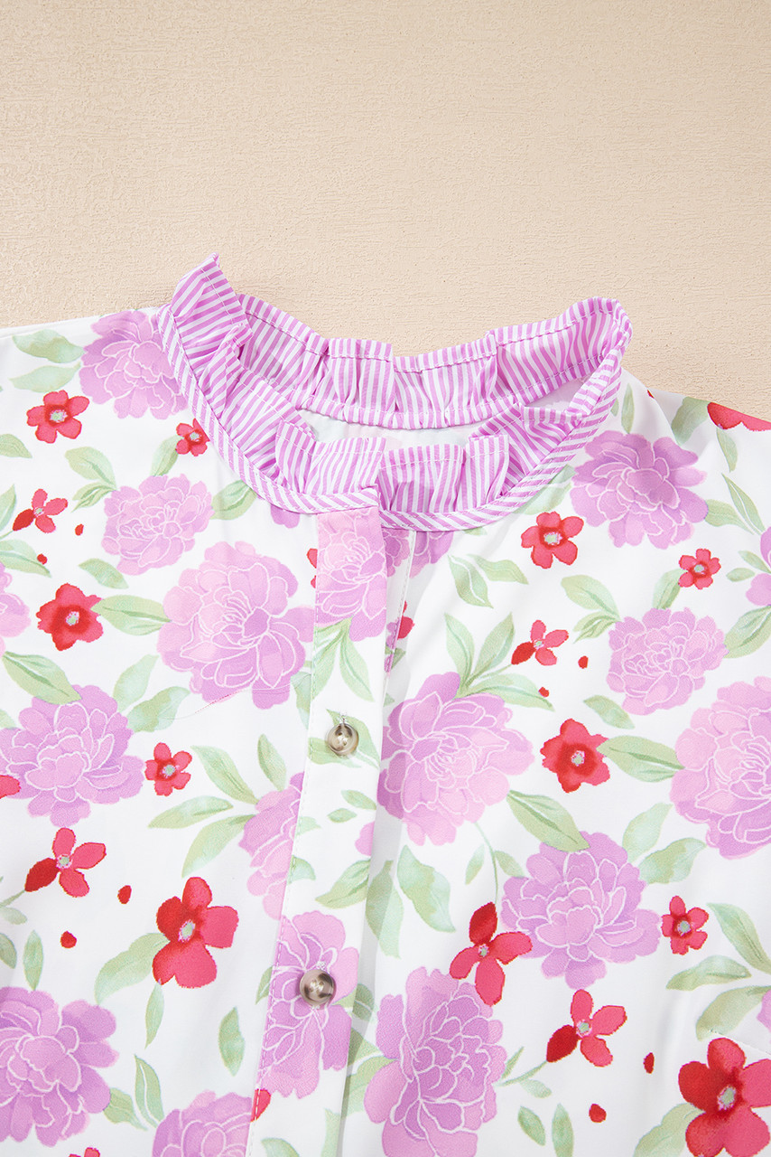 Pink Floral Print Striped Trim Frilled Neck 3/4 Sleeve Flared Mini Dress Pink Floral Print Striped Trim Frilled Neck 3/4 Sleeve Flared Mini Dress