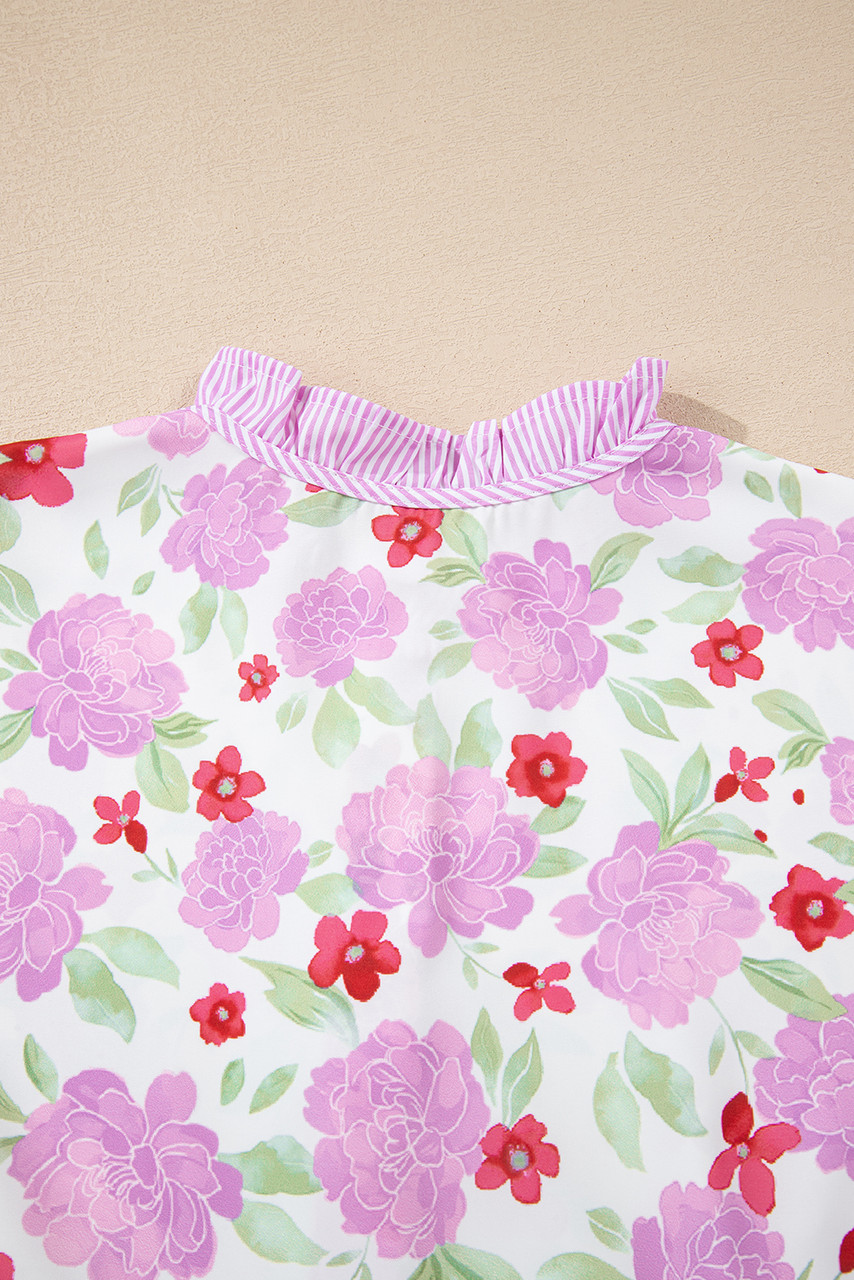 Pink Floral Print Striped Trim Frilled Neck 3/4 Sleeve Flared Mini Dress Pink Floral Print Striped Trim Frilled Neck 3/4 Sleeve Flared Mini Dress