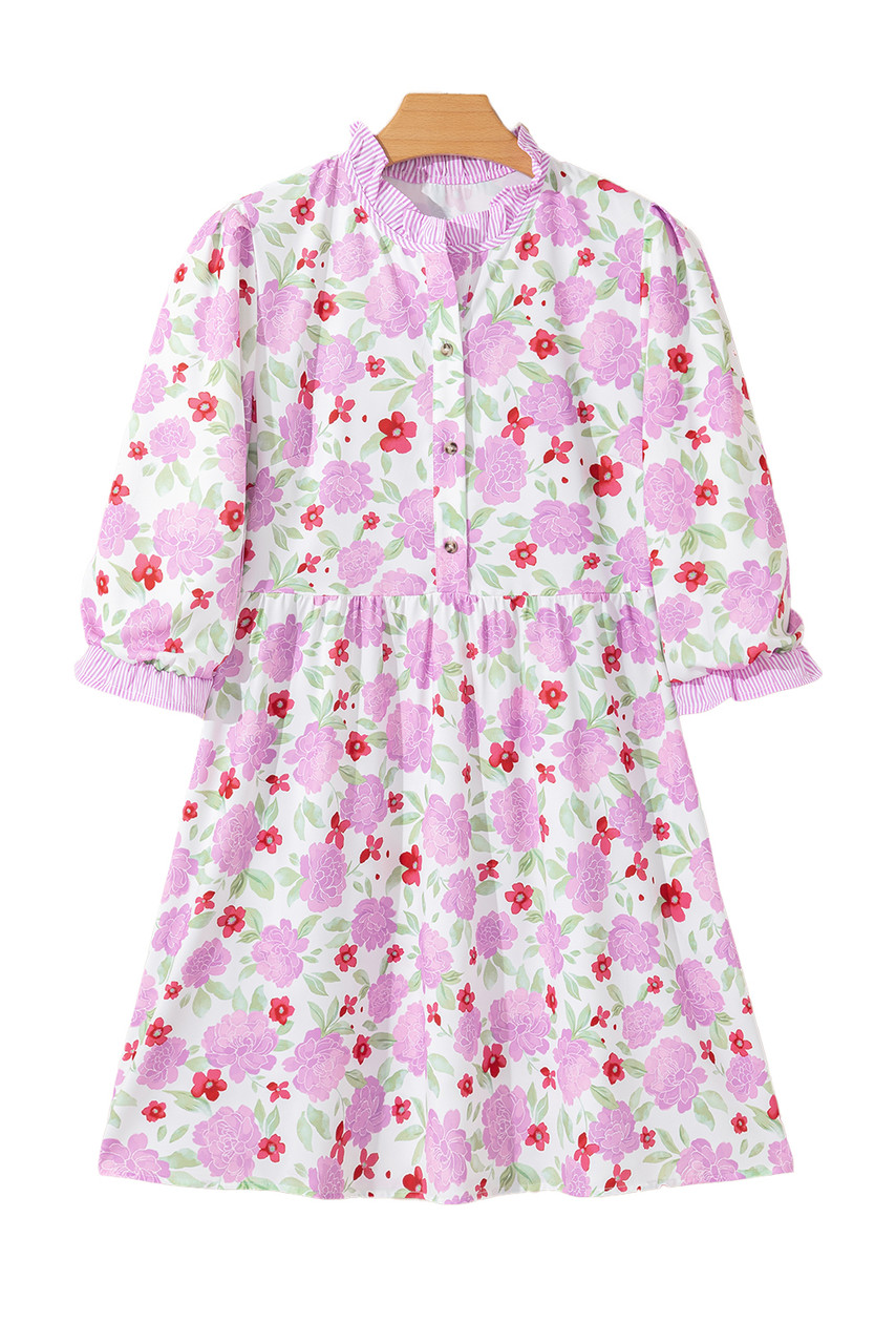 Pink Floral Print Striped Trim Frilled Neck 3/4 Sleeve Flared Mini Dress Pink Floral Print Striped Trim Frilled Neck 3/4 Sleeve Flared Mini Dress