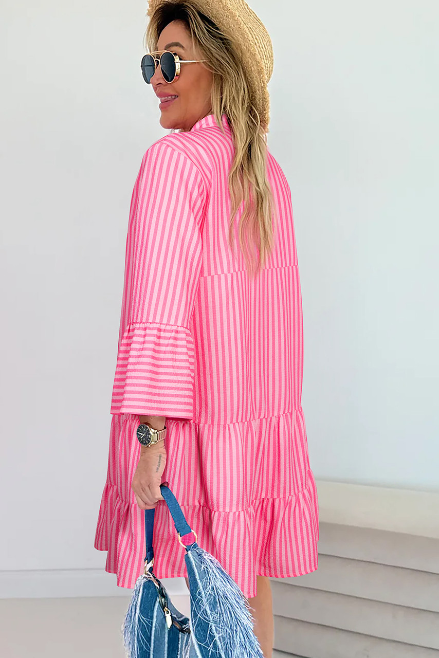 Pink Stripe Flare Sleeve Half Placket Tiered Flowy Mini Dress Pink Stripe Flare Sleeve Half Placket Tiered Flowy Mini Dress