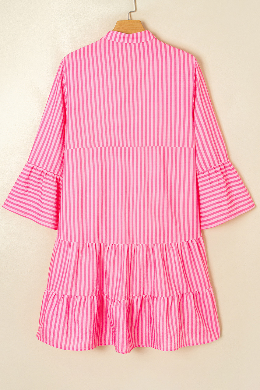 Pink Stripe Flare Sleeve Half Placket Tiered Flowy Mini Dress Pink Stripe Flare Sleeve Half Placket Tiered Flowy Mini Dress