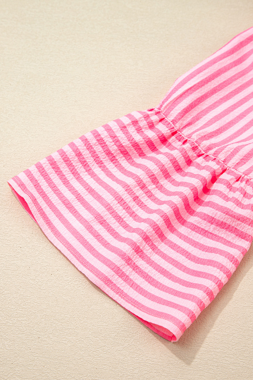 Pink Stripe Flare Sleeve Half Placket Tiered Flowy Mini Dress Pink Stripe Flare Sleeve Half Placket Tiered Flowy Mini Dress