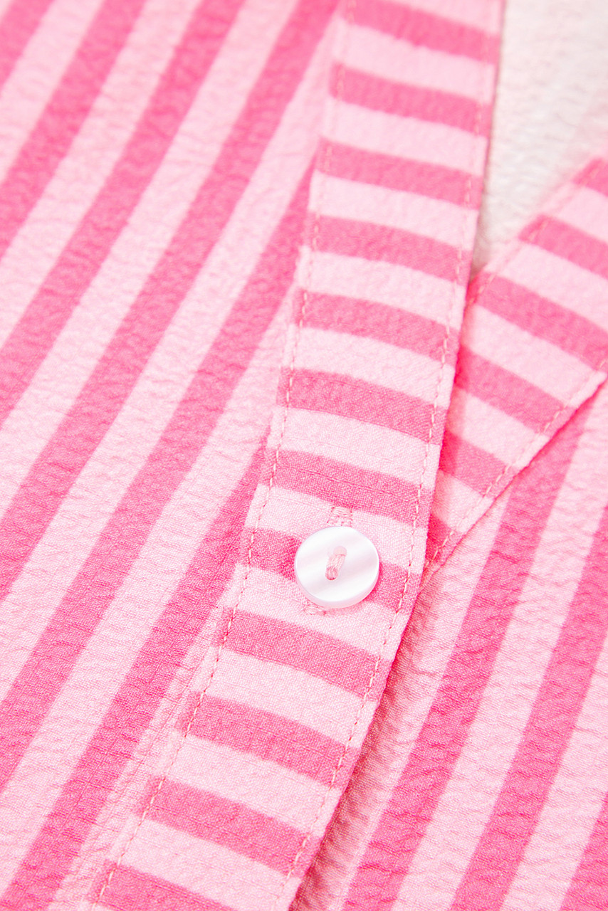 Pink Stripe Flare Sleeve Half Placket Tiered Flowy Mini Dress Pink Stripe Flare Sleeve Half Placket Tiered Flowy Mini Dress