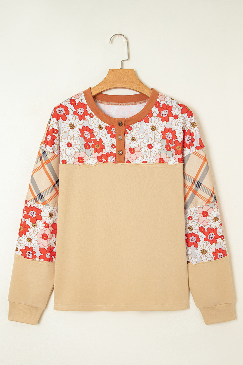 Parchment Floral Plaid Patchwork Casual Top