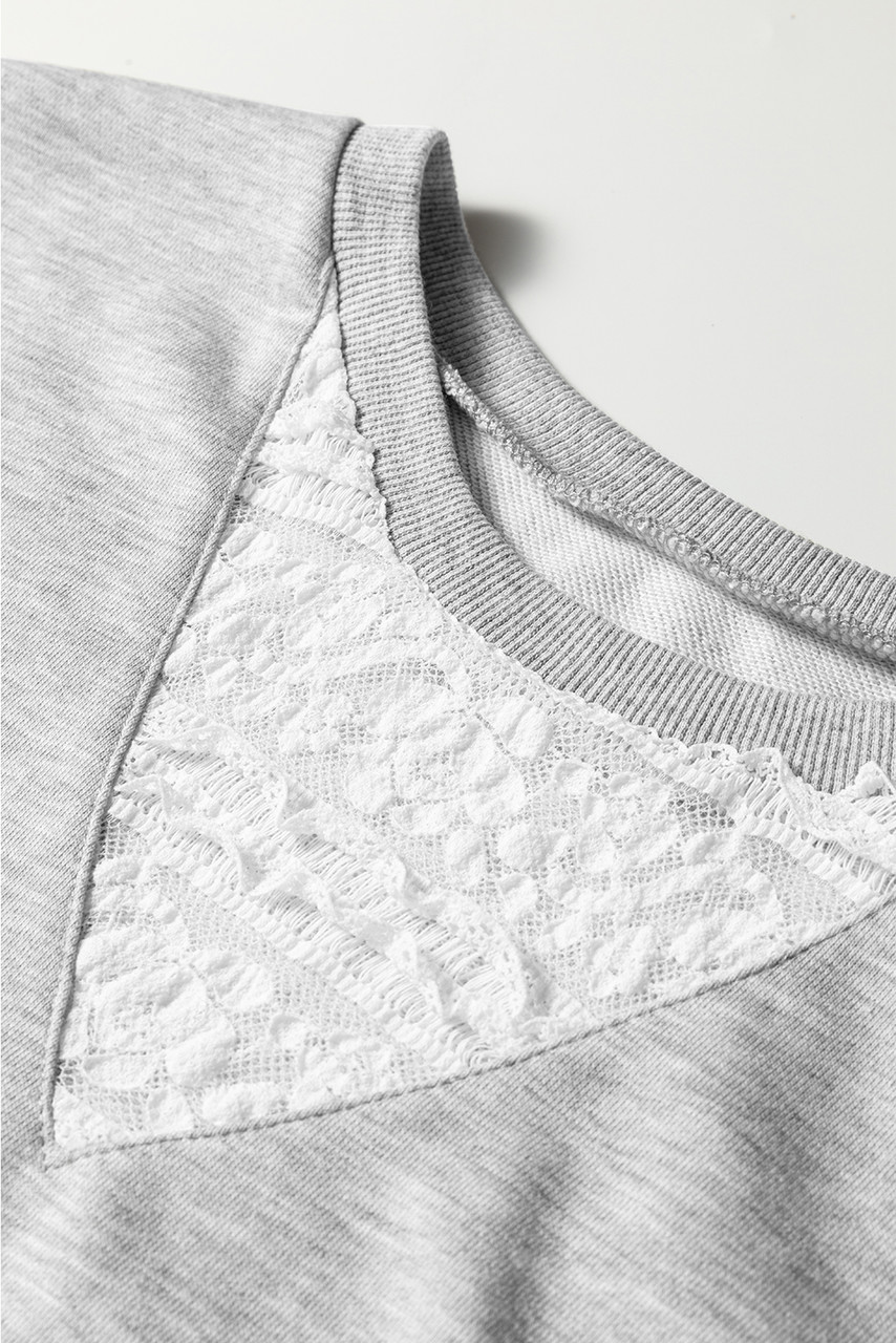 Light Grey Lace Patchwork Drop Shoulder Pullover Drawstring Skort 2pcs Outfit