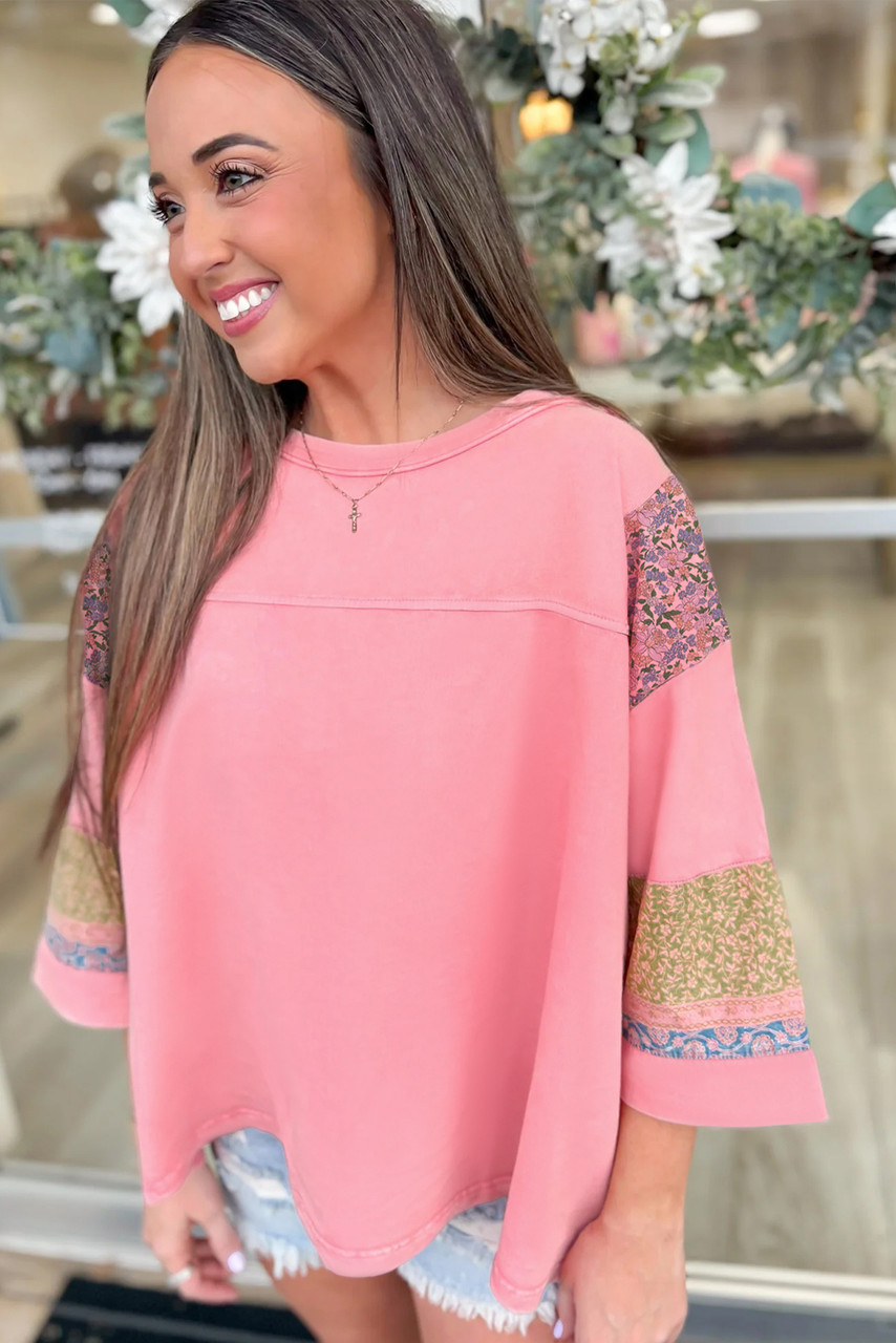 Gossamer Pink Floral Color Block Patchwork Long Sleeve Top