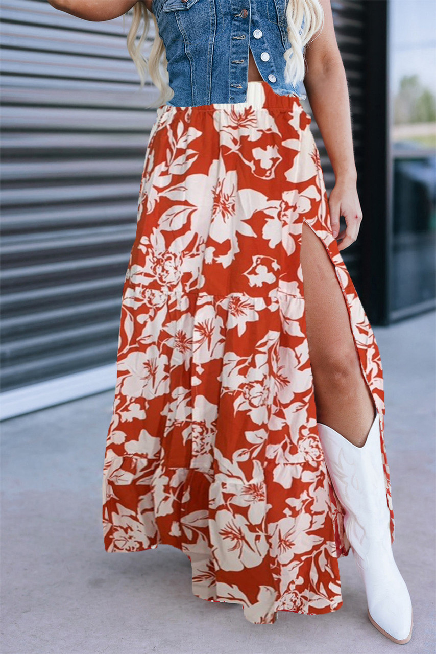 Red High Split Floral Western Cowgirl Maxi Skirt Red High Split Floral Western Cowgirl Maxi Skirt