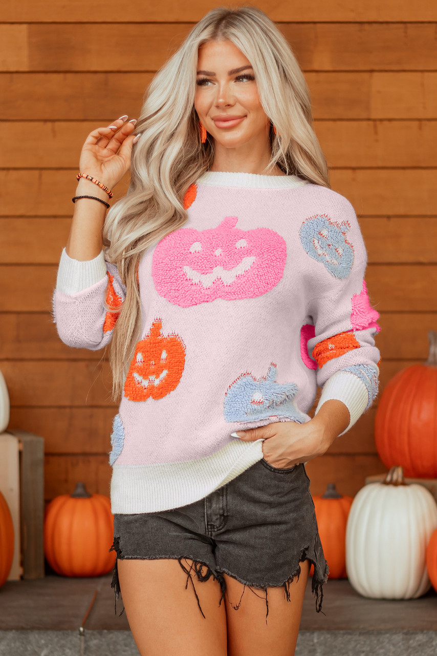 Beige Halloween Cute Pumpkin Pattern Sweater