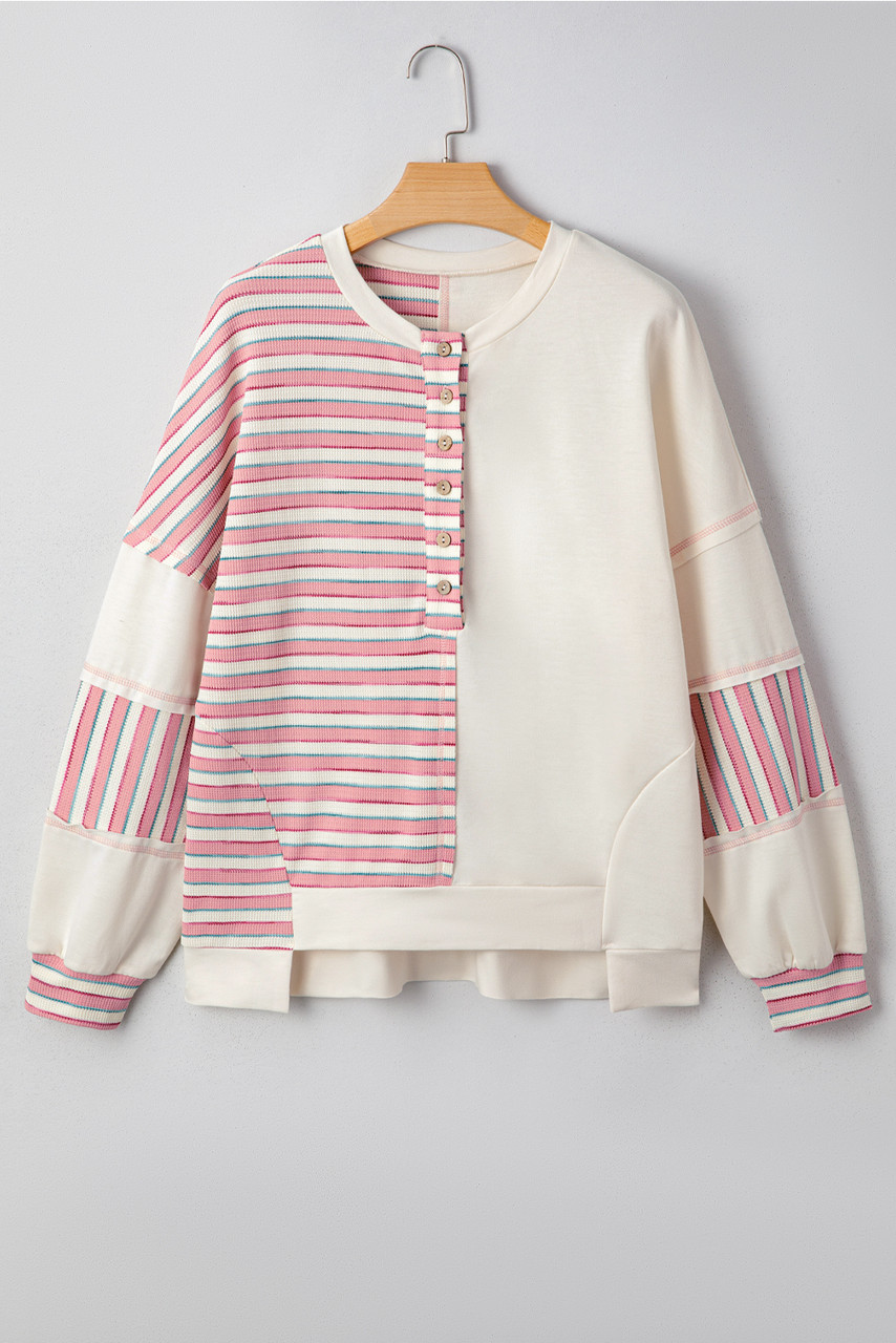 Pink Stripe Stitched Detail Color Block Patchwork Oversized Pullover Top