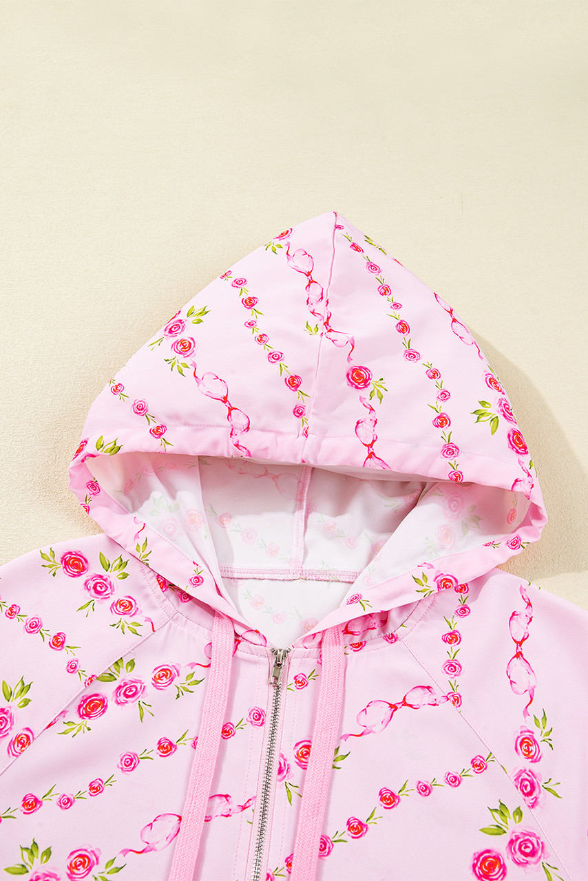 Pink Floral Print Half Zip Kangaroo Pouch Drawstring Hoodie