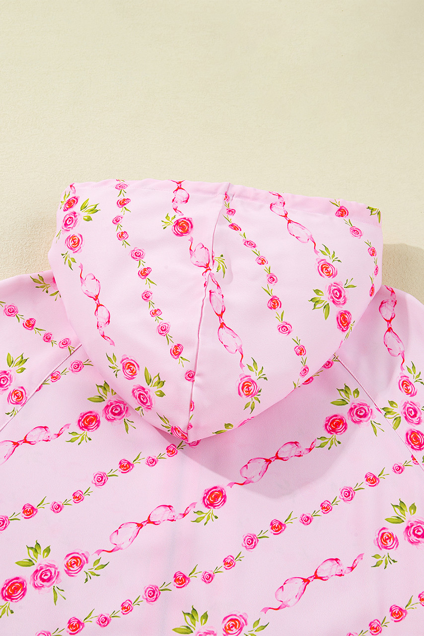 Pink Floral Print Half Zip Kangaroo Pouch Drawstring Hoodie