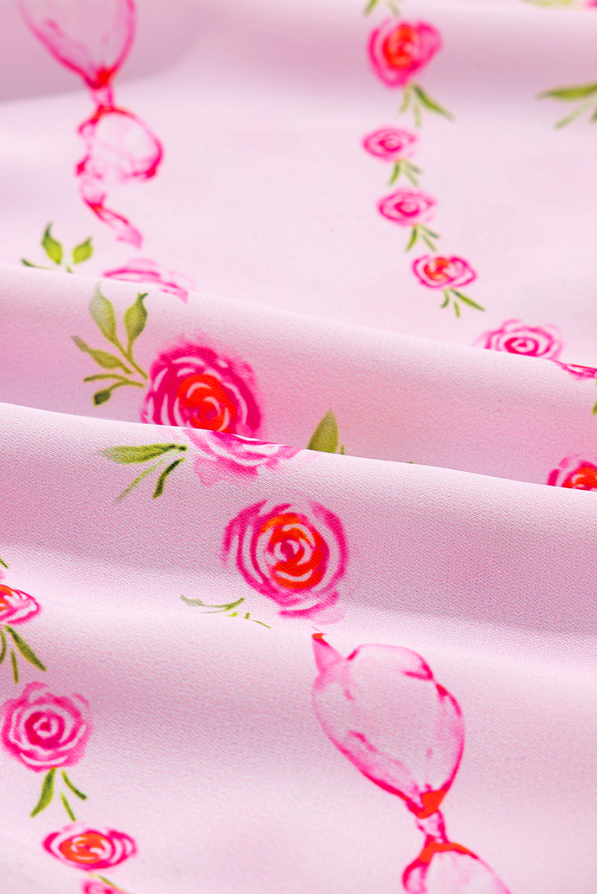 Pink Floral Print Half Zip Kangaroo Pouch Drawstring Hoodie