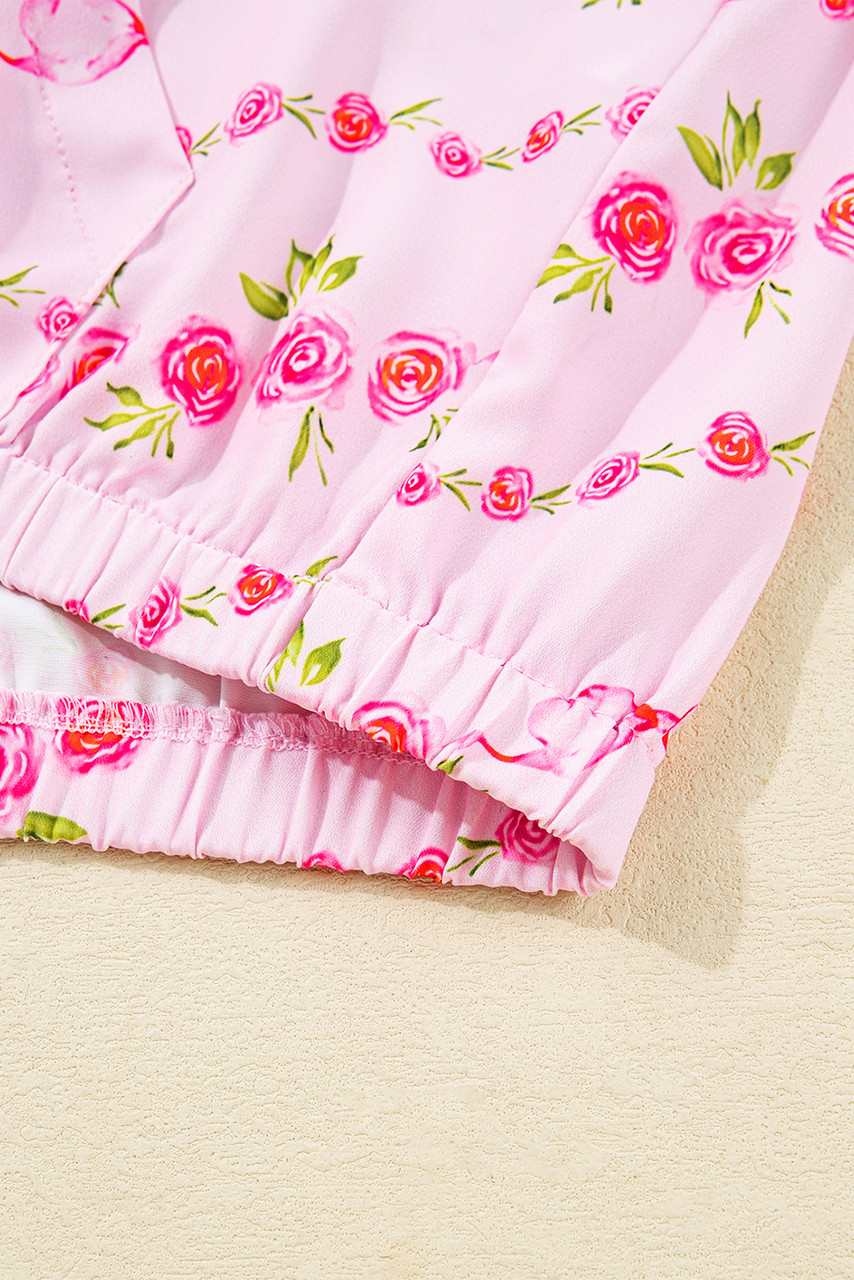 Pink Floral Print Half Zip Kangaroo Pouch Drawstring Hoodie