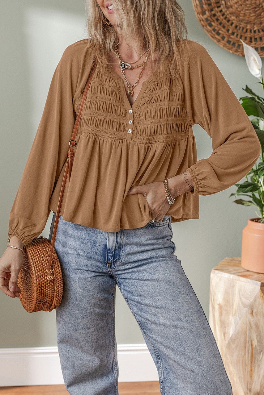 Cinnamon Smocked Bust Buttoned Split V Neck Flow Fit Blouse