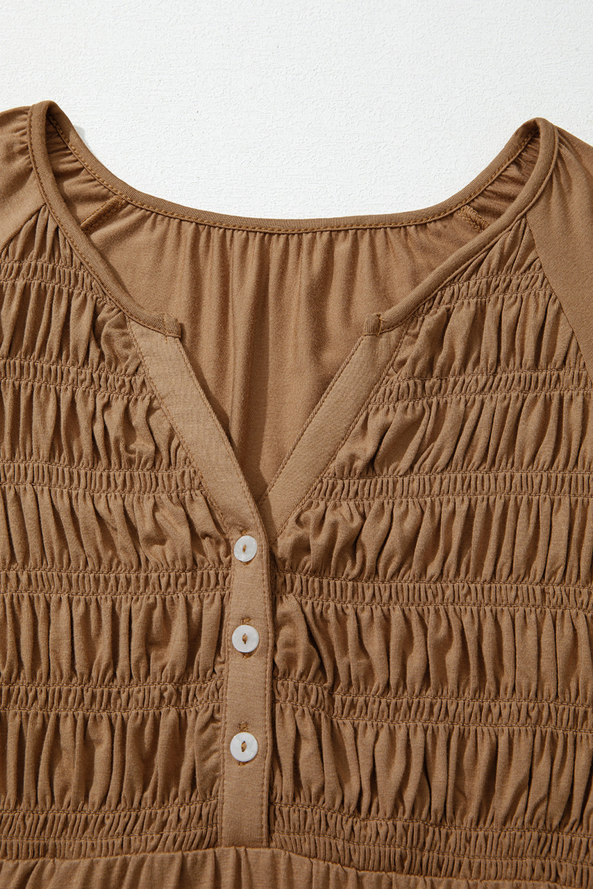 Cinnamon Smocked Bust Buttoned Split V Neck Flow Fit Blouse