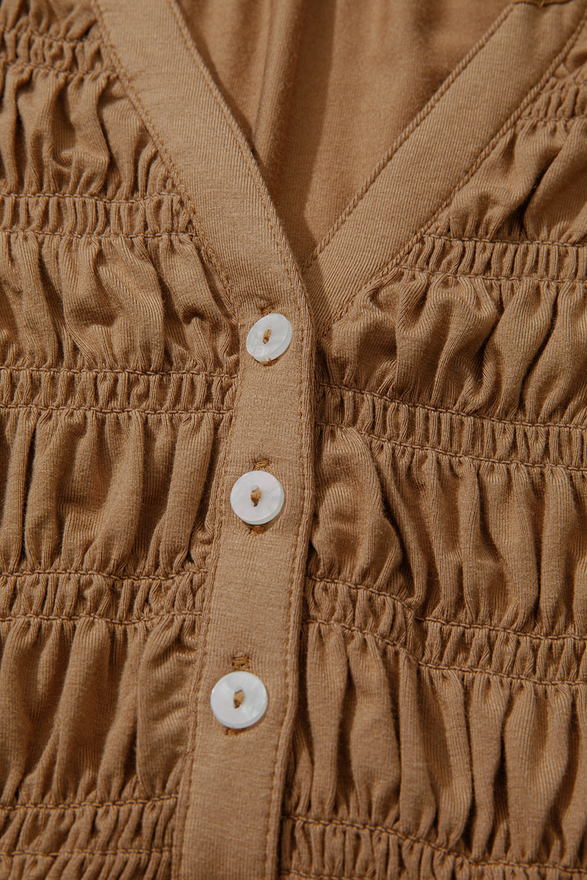 Cinnamon Smocked Bust Buttoned Split V Neck Flow Fit Blouse