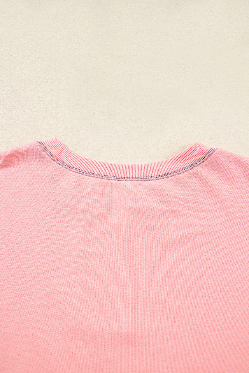 Apricot Pink Exposed Seam Color Block Patchwork Slit Cuffs Oversize Sweatshirt