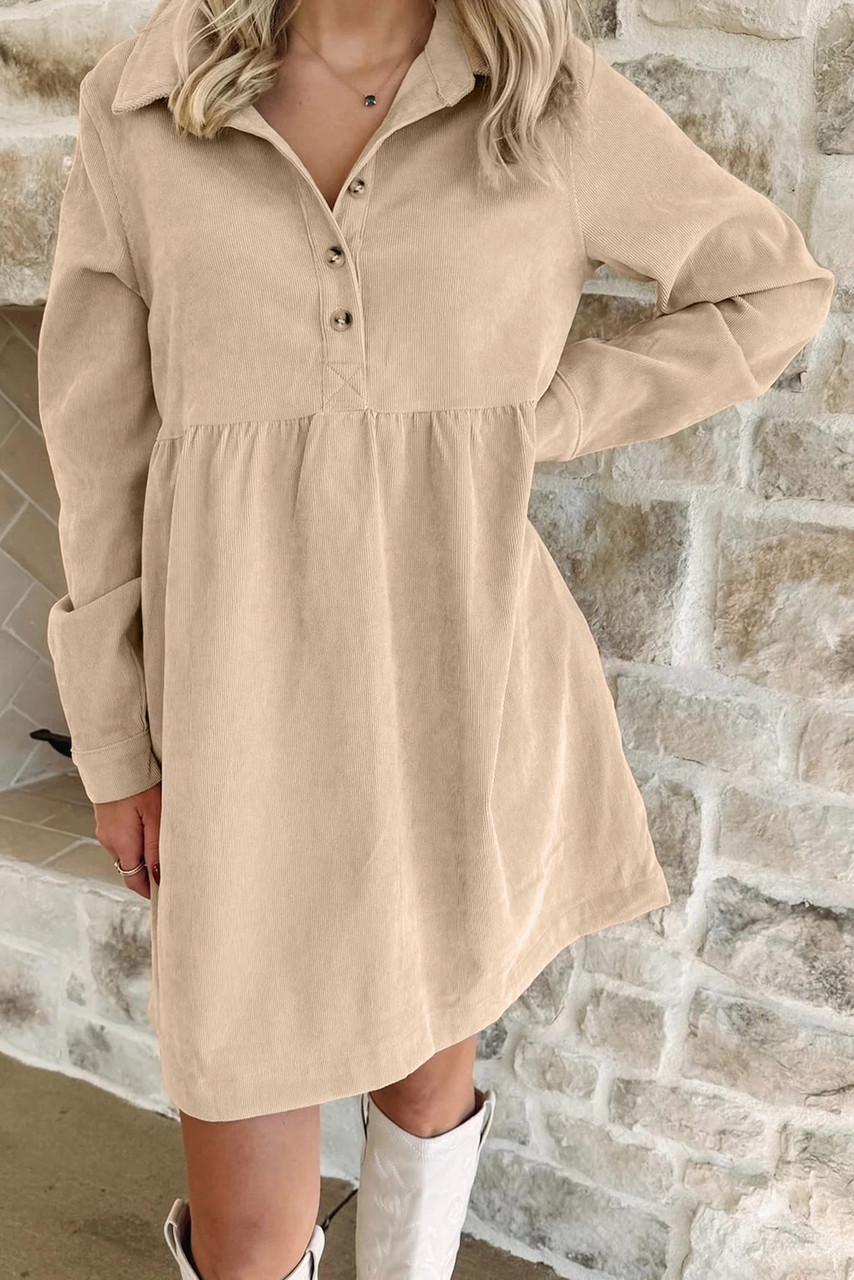 Oatmeal Corduroy Half Button Collared Long Sleeve Mini Dress Oatmeal Corduroy Half Button Collared Long Sleeve Mini Dress