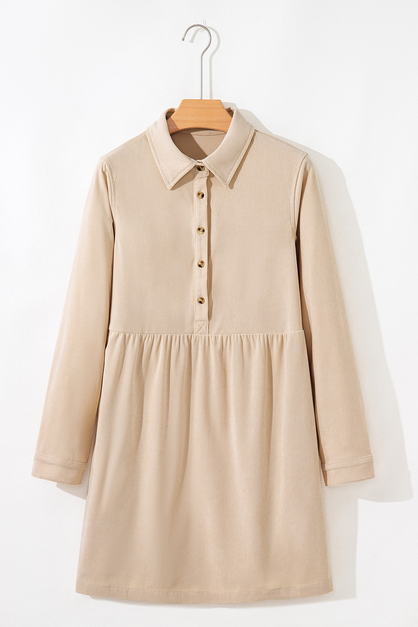 Oatmeal Corduroy Half Button Collared Long Sleeve Mini Dress Oatmeal Corduroy Half Button Collared Long Sleeve Mini Dress