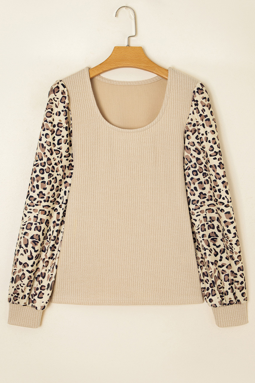Apricot Leopard Sleeve Patchwork Ribbed Knit U Neck Top