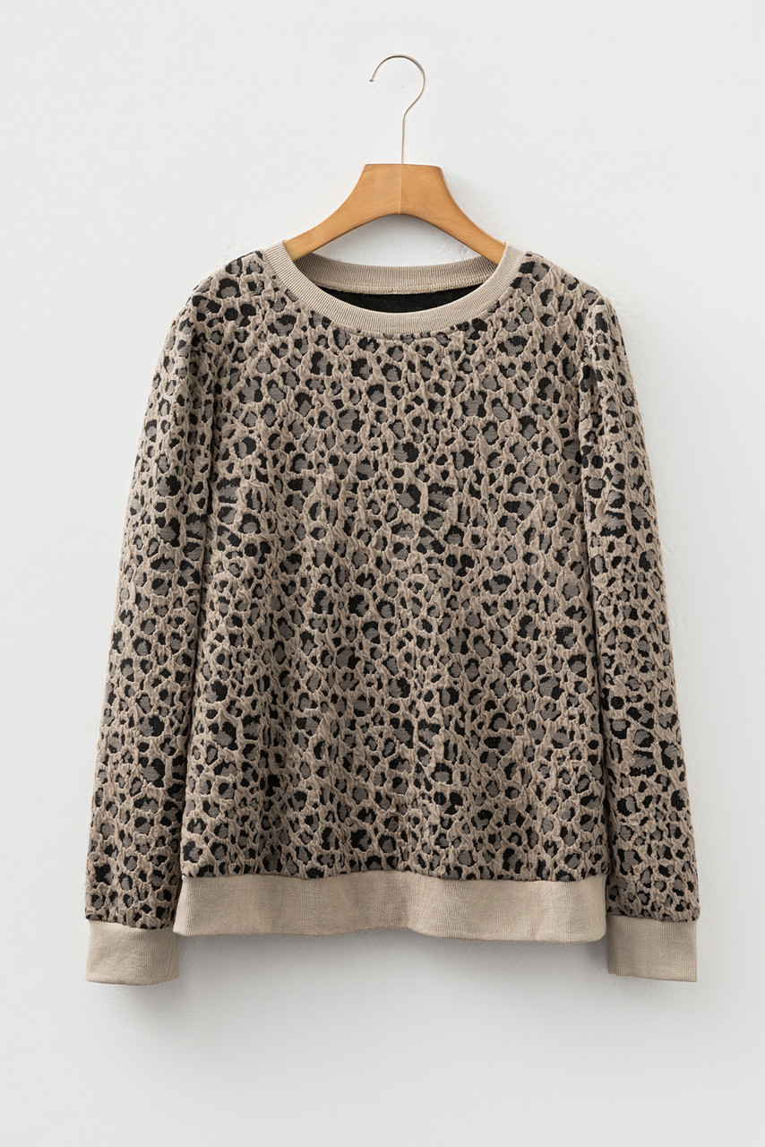 Khaki Ribbed Trim Leopard Print Long Sleeve Top