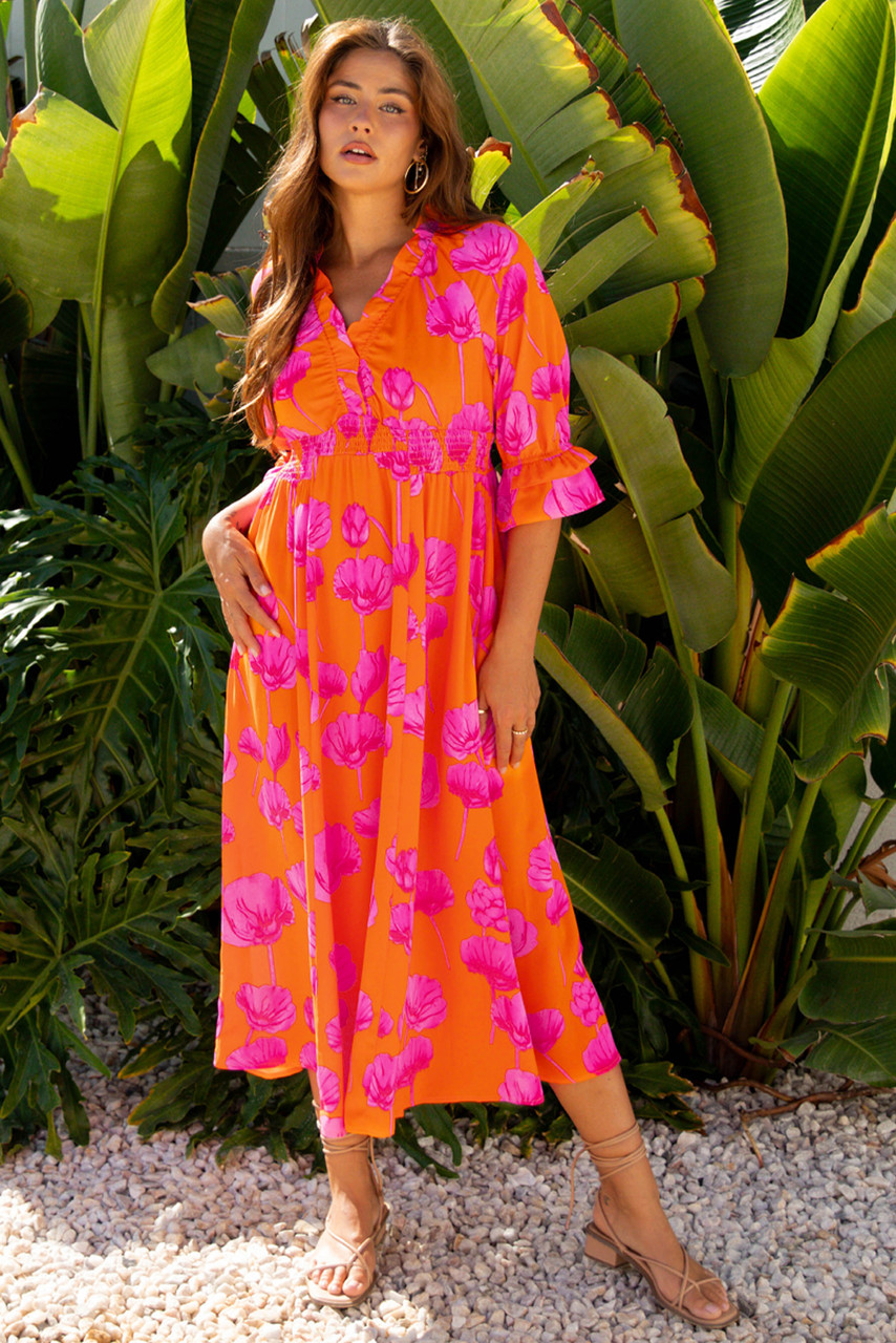 Orange Floral Print Frilly Smocked V Neck 3/4 Sleeve Long Dress Orange Floral Print Frilly Smocked V Neck 3/4 Sleeve Long Dress